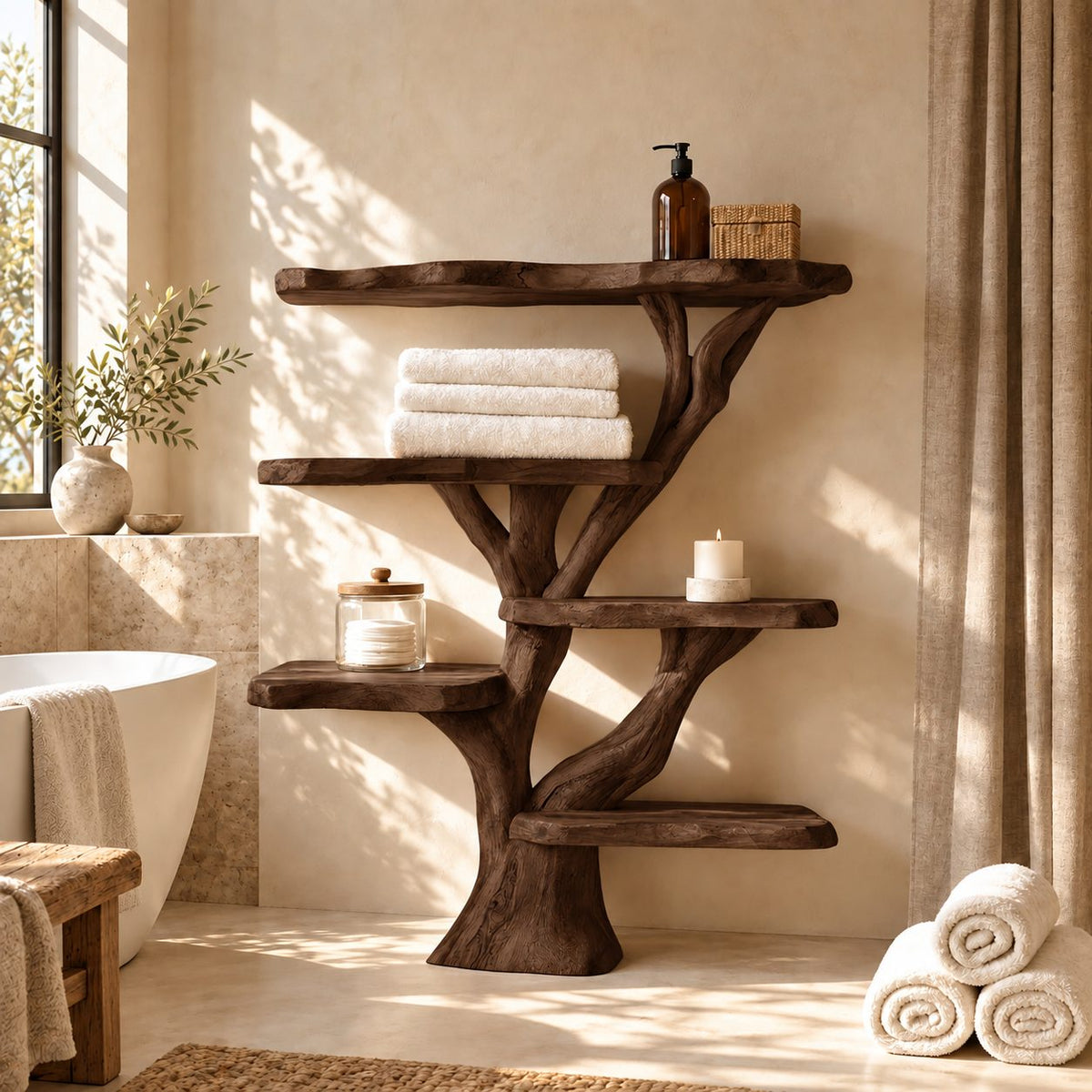 Staggered Tree Bathroom Display Shelf, Freestanding Solid Wood Trunk with Six Rounded Live Edge Tiers, 65 Inch