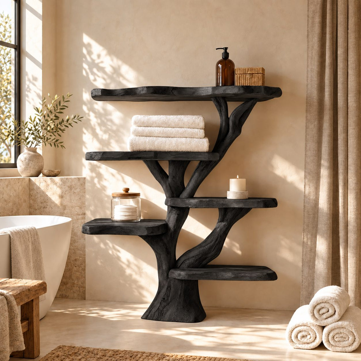 Staggered Tree Bathroom Display Shelf, Freestanding Solid Wood Trunk with Six Rounded Live Edge Tiers, 65 Inch