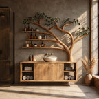 Sweeping Tree Bathroom Vanity 70 Inch, Floating Two Door Cabinet with Open Side Cubbies and Three Long Shelves