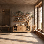 Sweeping Tree Bathroom Vanity 70 Inch, Floating Two Door Cabinet with Open Side Cubbies and Three Long Shelves