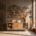 Sweeping Tree Bathroom Vanity 70 Inch, Floating Two Door Cabinet with Open Side Cubbies and Three Long Shelves