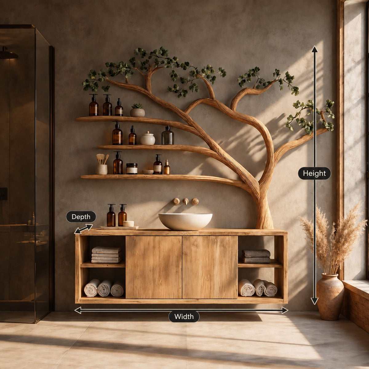 Sweeping Tree Bathroom Vanity 70 Inch, Floating Two Door Cabinet with Open Side Cubbies and Three Long Shelves