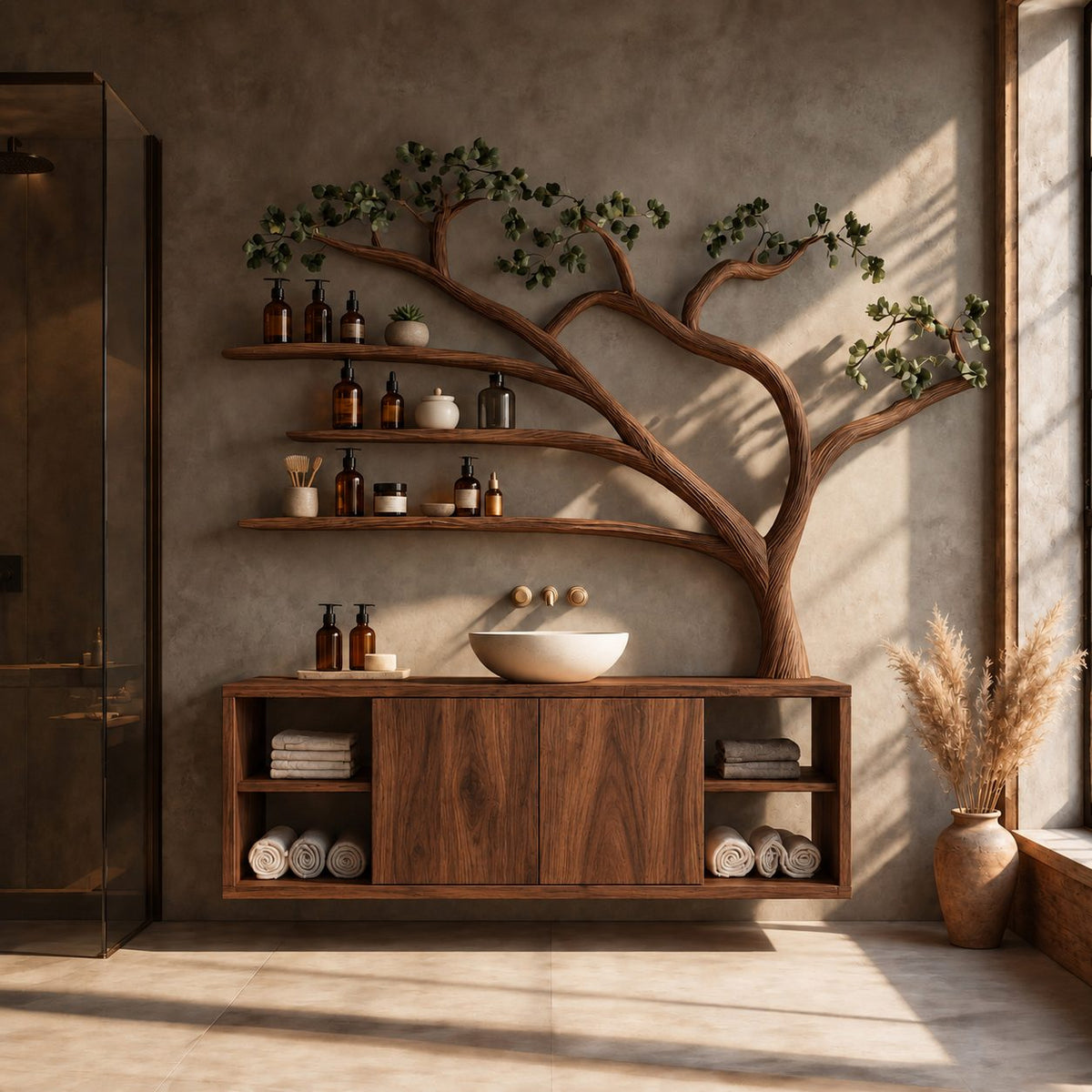 Sweeping Tree Bathroom Vanity 70 Inch, Floating Two Door Cabinet with Open Side Cubbies and Three Long Shelves