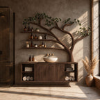 Sweeping Tree Bathroom Vanity 70 Inch, Floating Two Door Cabinet with Open Side Cubbies and Three Long Shelves