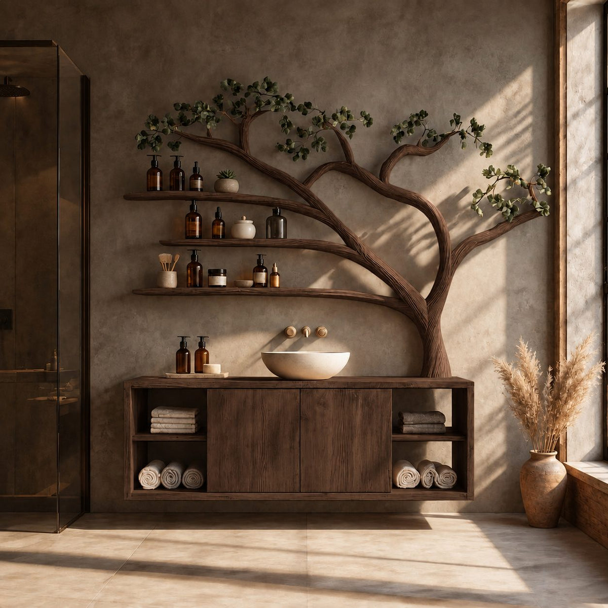 Sweeping Tree Bathroom Vanity 70 Inch, Floating Two Door Cabinet with Open Side Cubbies and Three Long Shelves