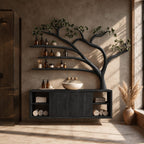 Sweeping Tree Bathroom Vanity 70 Inch, Floating Two Door Cabinet with Open Side Cubbies and Three Long Shelves