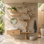 Slender Tree Bathroom Vanity 70 Inch, Floating Two Door Cabinet with Side Plank Shelf and Six Branch Shelves