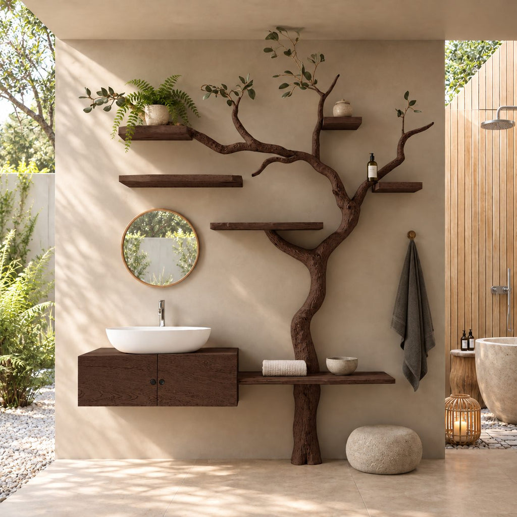 Slender Tree Bathroom Vanity 70 Inch, Floating Two Door Cabinet with Side Plank Shelf and Six Branch Shelves