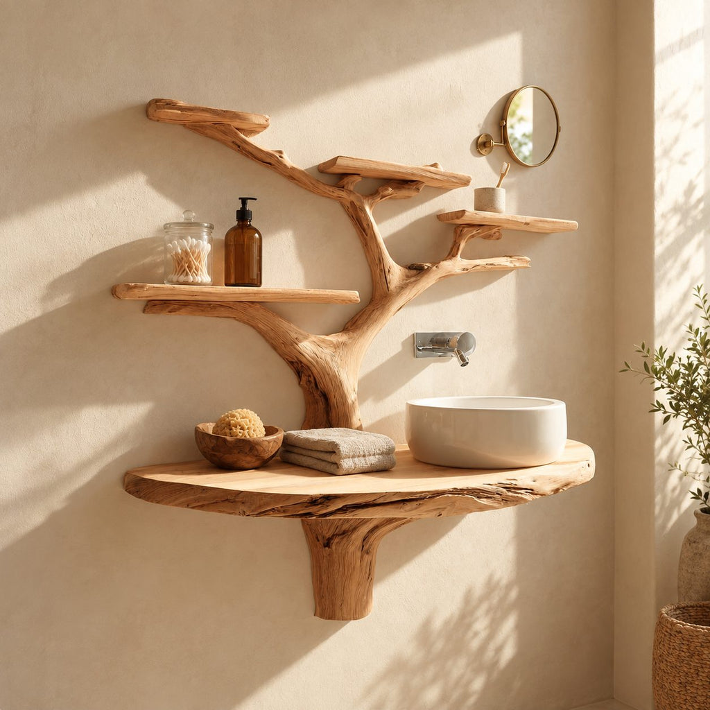 Stump Bracket Tree Bathroom Vanity 60 Inch, Live Edge Floating Countertop with Five Rounded Branch Shelves