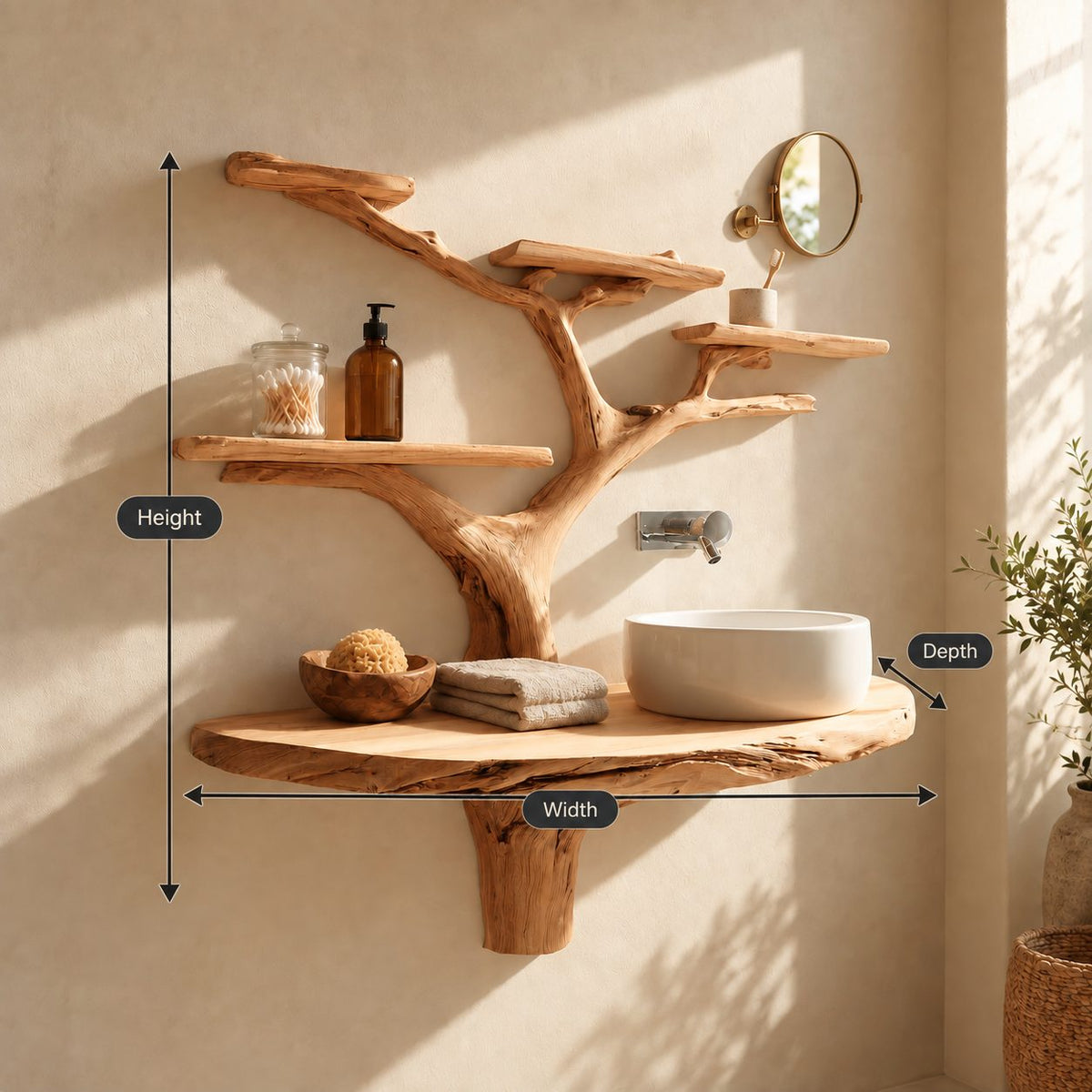 Stump Bracket Tree Bathroom Vanity 60 Inch, Live Edge Floating Countertop with Five Rounded Branch Shelves