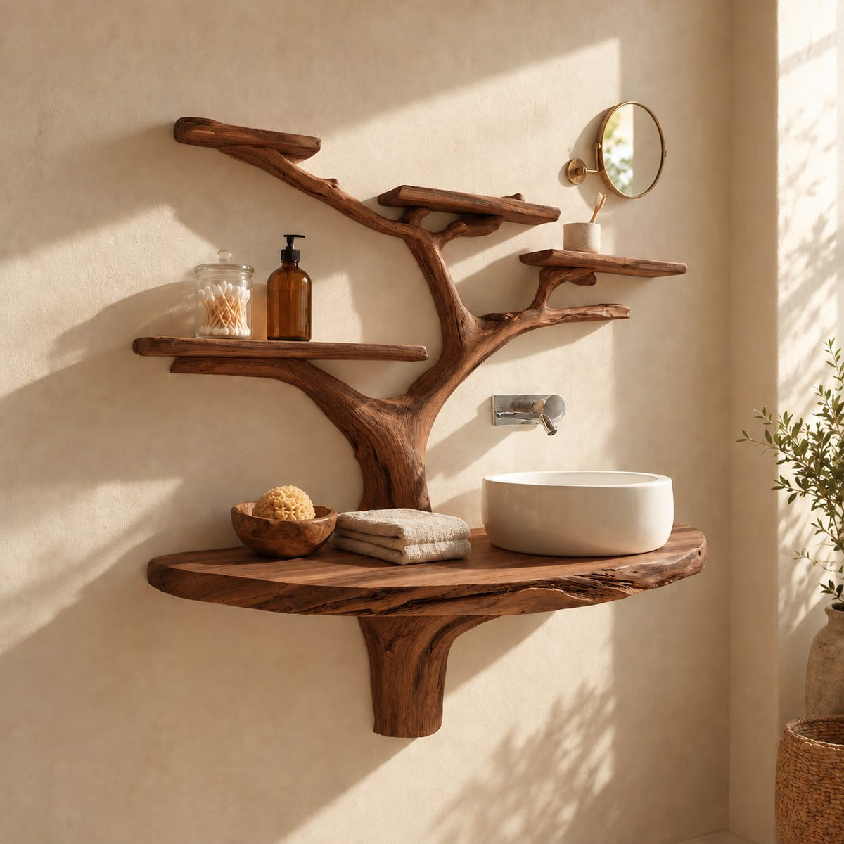 Stump Bracket Tree Bathroom Vanity 60 Inch, Live Edge Floating Countertop with Five Rounded Branch Shelves