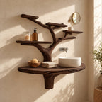 Stump Bracket Tree Bathroom Vanity 60 Inch, Live Edge Floating Countertop with Five Rounded Branch Shelves