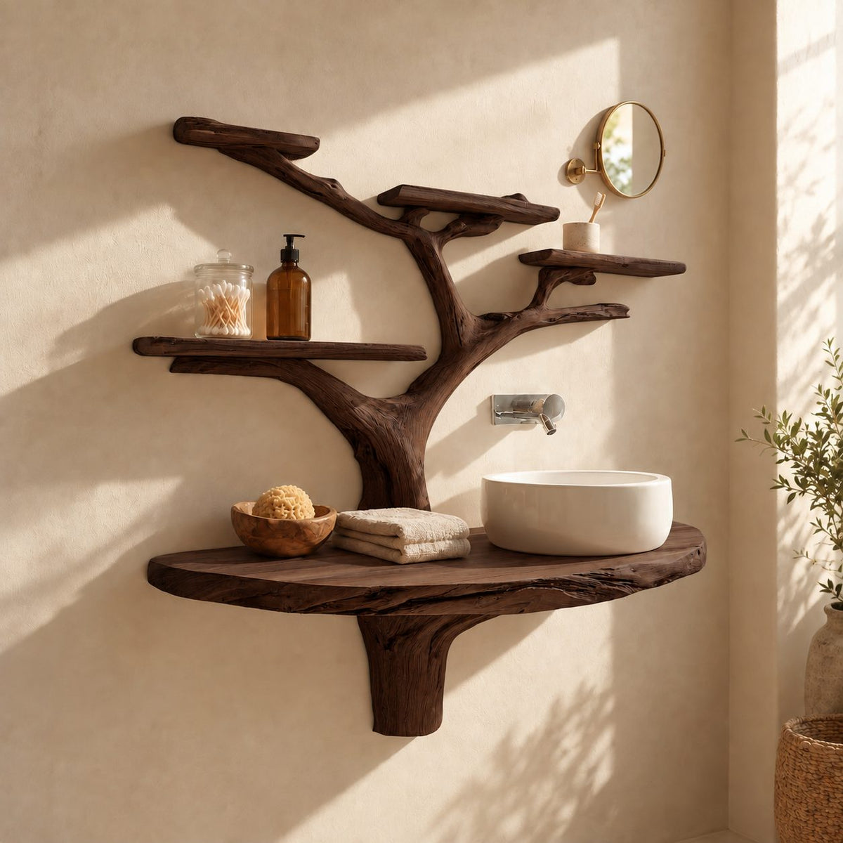 Stump Bracket Tree Bathroom Vanity 60 Inch, Live Edge Floating Countertop with Five Rounded Branch Shelves