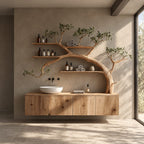 Arching Tree Bathroom Vanity 70 Inch, Floating Three Panel Cabinet with Three Long Branch Shelves, Solid Wood
