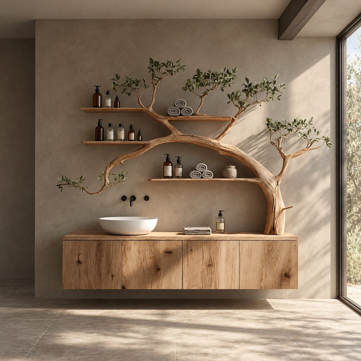 Arching Tree Bathroom Vanity 70 Inch, Floating Three Panel Cabinet with Three Long Branch Shelves, Solid Wood