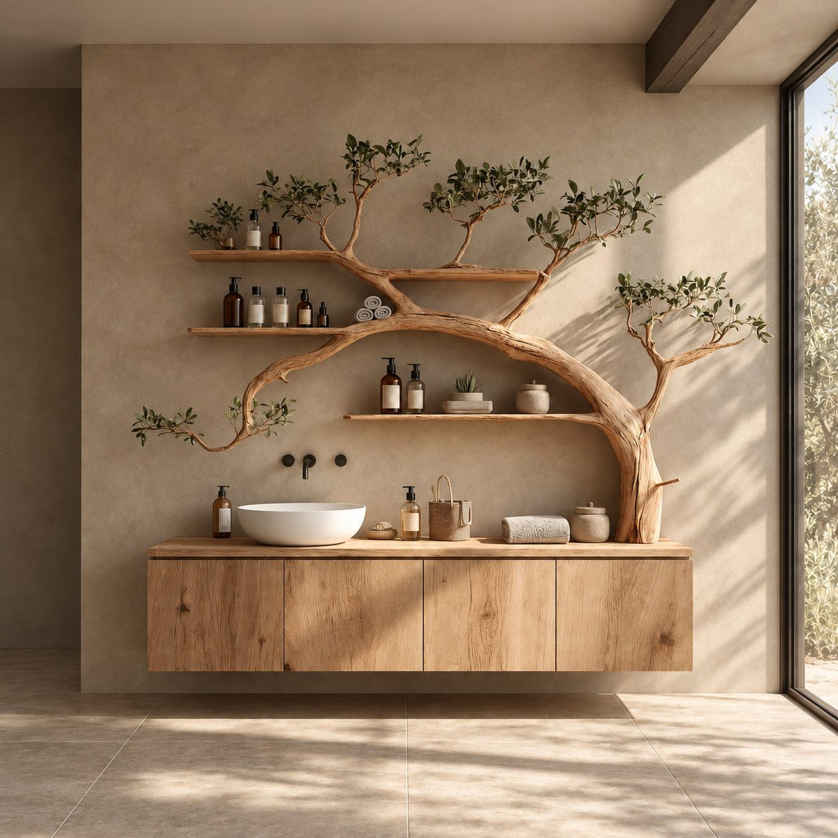 Arching Tree Bathroom Vanity 70 Inch, Floating Three Panel Cabinet with Three Long Branch Shelves, Solid Wood