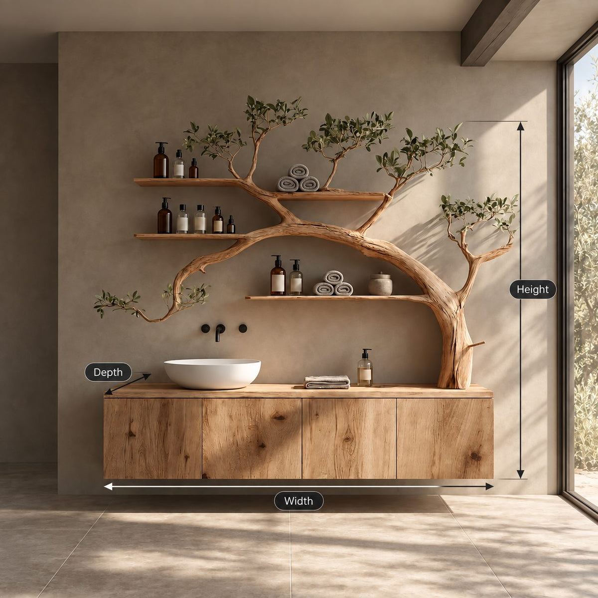 Arching Tree Bathroom Vanity 70 Inch, Floating Three Panel Cabinet with Three Long Branch Shelves, Solid Wood
