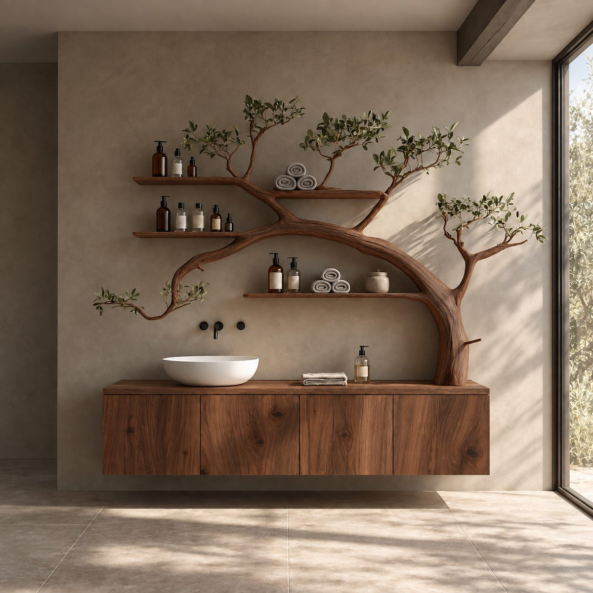 Arching Tree Bathroom Vanity 70 Inch, Floating Three Panel Cabinet with Three Long Branch Shelves, Solid Wood