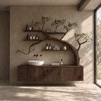 Arching Tree Bathroom Vanity 70 Inch, Floating Three Panel Cabinet with Three Long Branch Shelves, Solid Wood