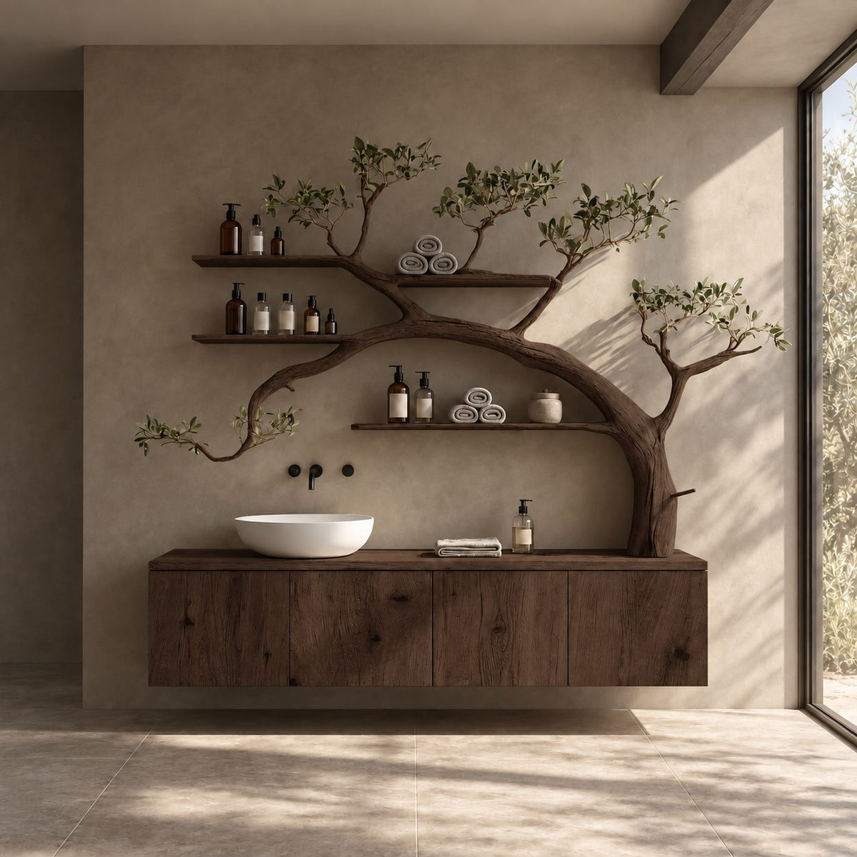 Arching Tree Bathroom Vanity 70 Inch, Floating Three Panel Cabinet with Three Long Branch Shelves, Solid Wood