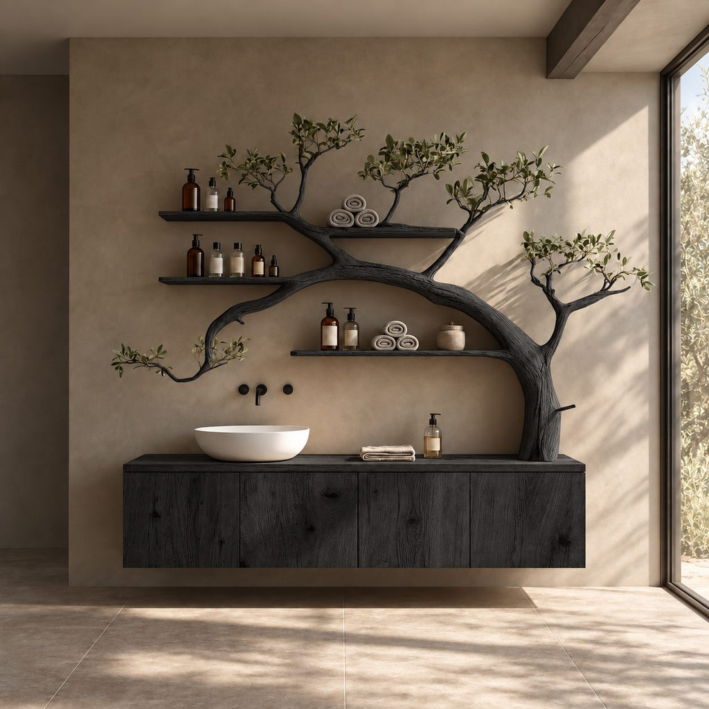 Arching Tree Bathroom Vanity 70 Inch, Floating Three Panel Cabinet with Three Long Branch Shelves, Solid Wood
