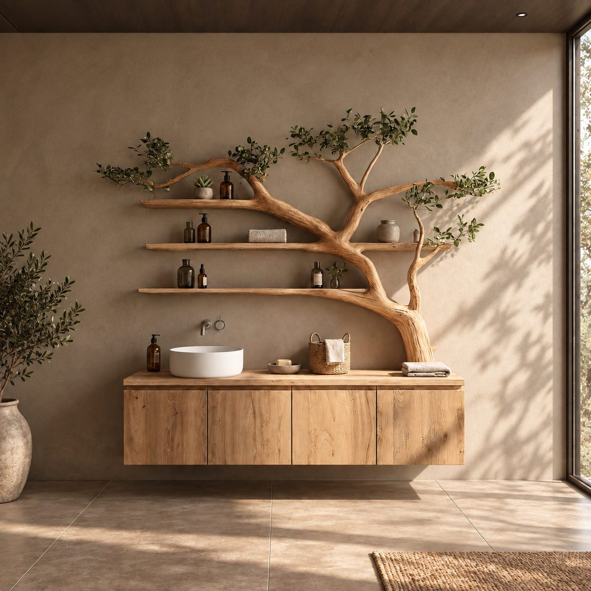 Bonsai Style Tree Bathroom Vanity 70 Inch, Floating Four Panel Cabinet with Three Long Branch Shelves