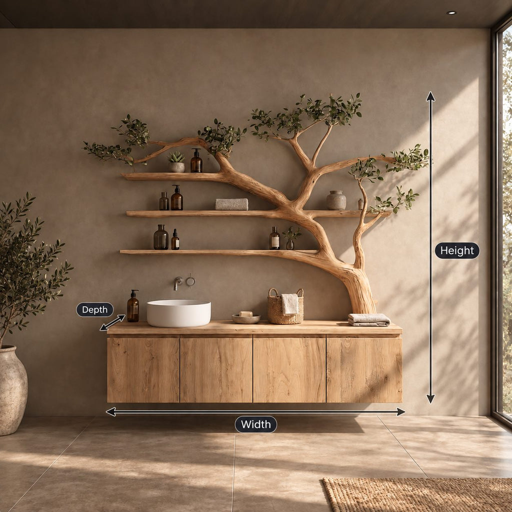 Bonsai Style Tree Bathroom Vanity 70 Inch, Floating Four Panel Cabinet with Three Long Branch Shelves