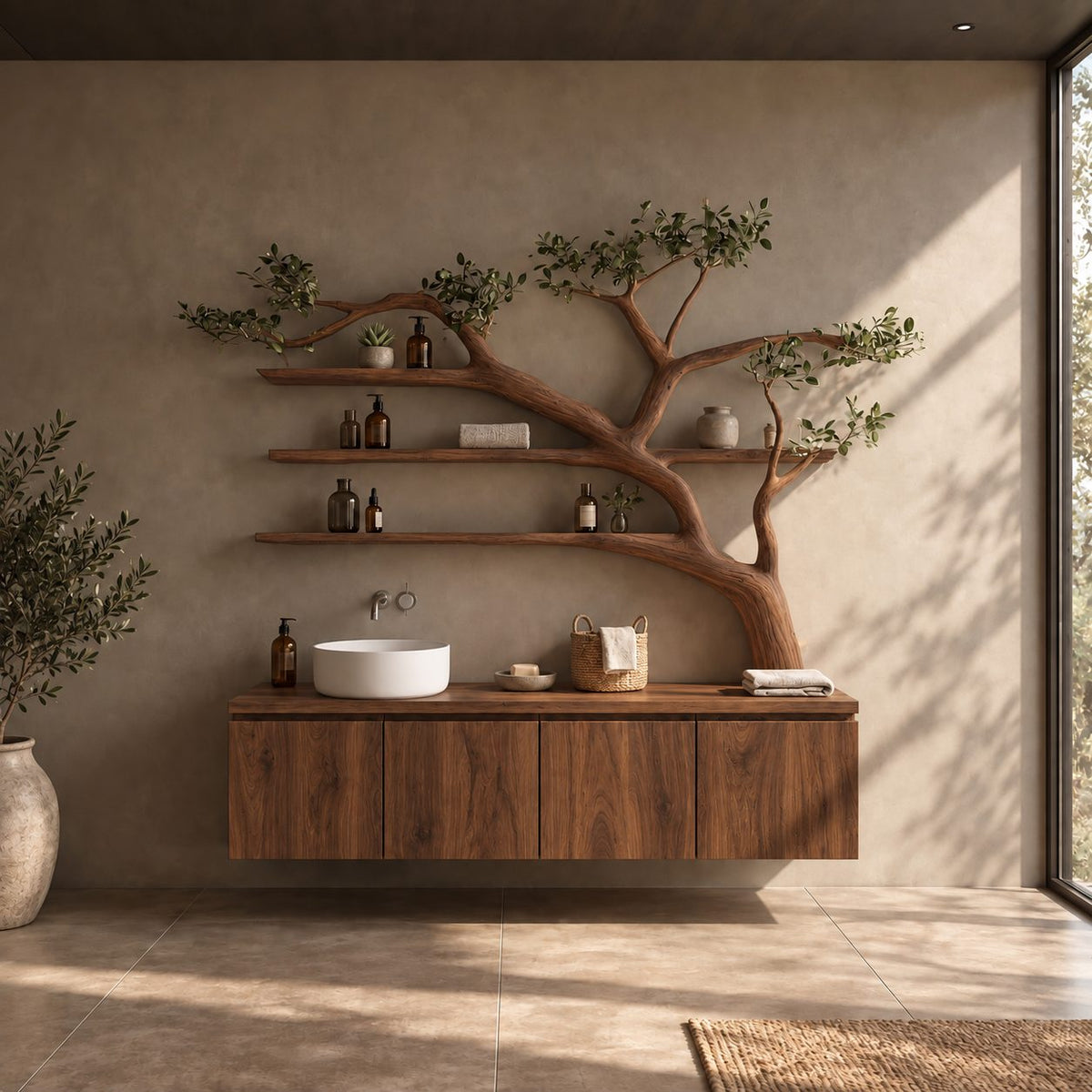 Bonsai Style Tree Bathroom Vanity 70 Inch, Floating Four Panel Cabinet with Three Long Branch Shelves