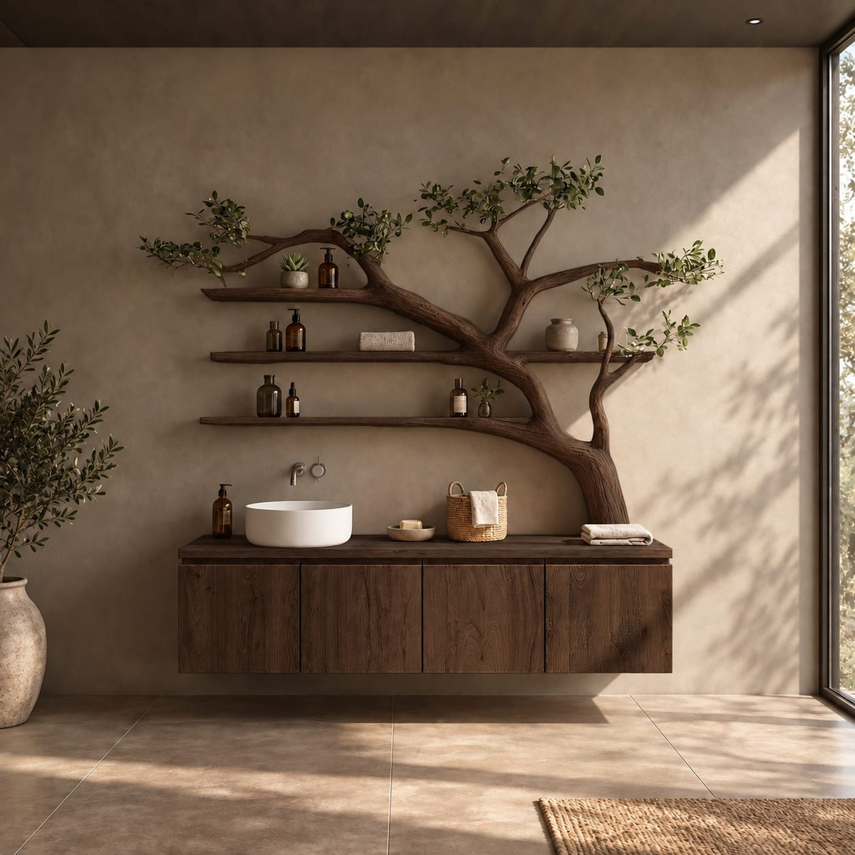 Bonsai Style Tree Bathroom Vanity 70 Inch, Floating Four Panel Cabinet with Three Long Branch Shelves