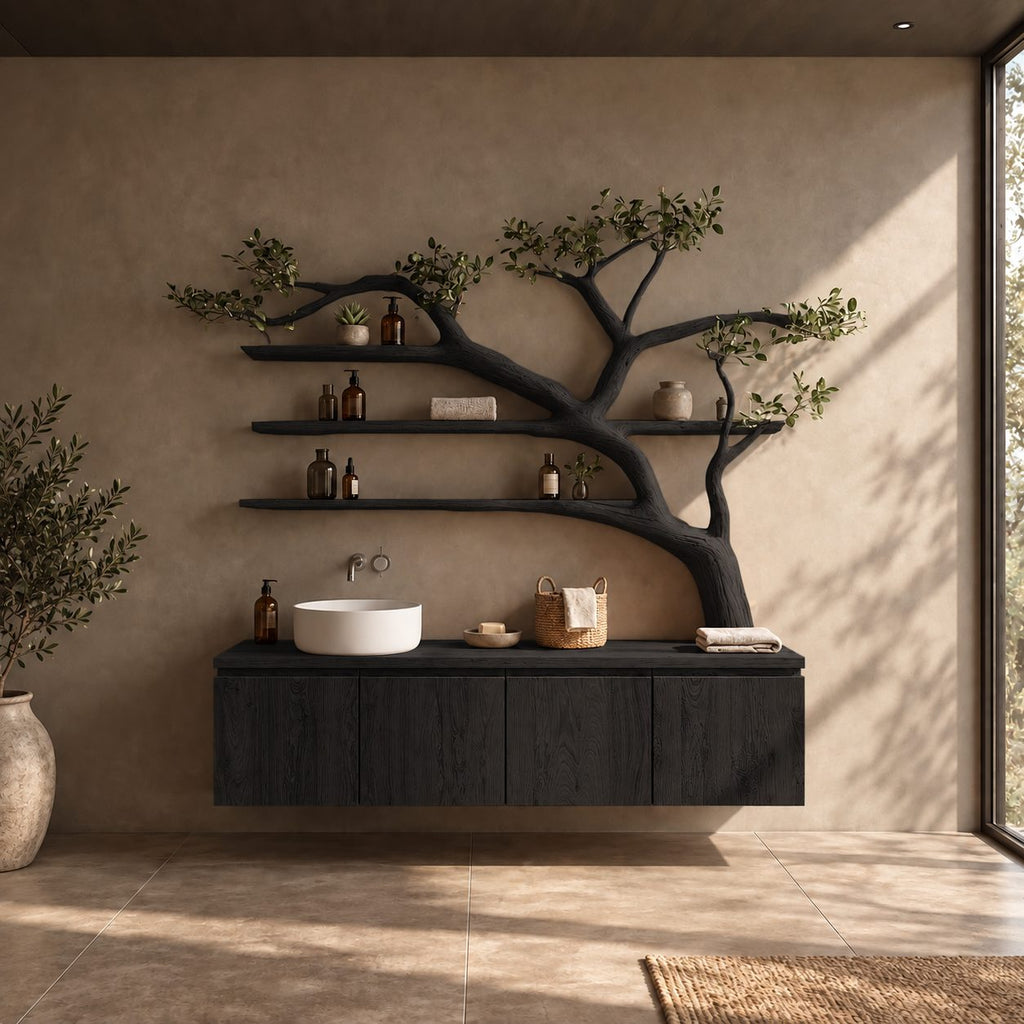 Bonsai Style Tree Bathroom Vanity 70 Inch, Floating Four Panel Cabinet with Three Long Branch Shelves
