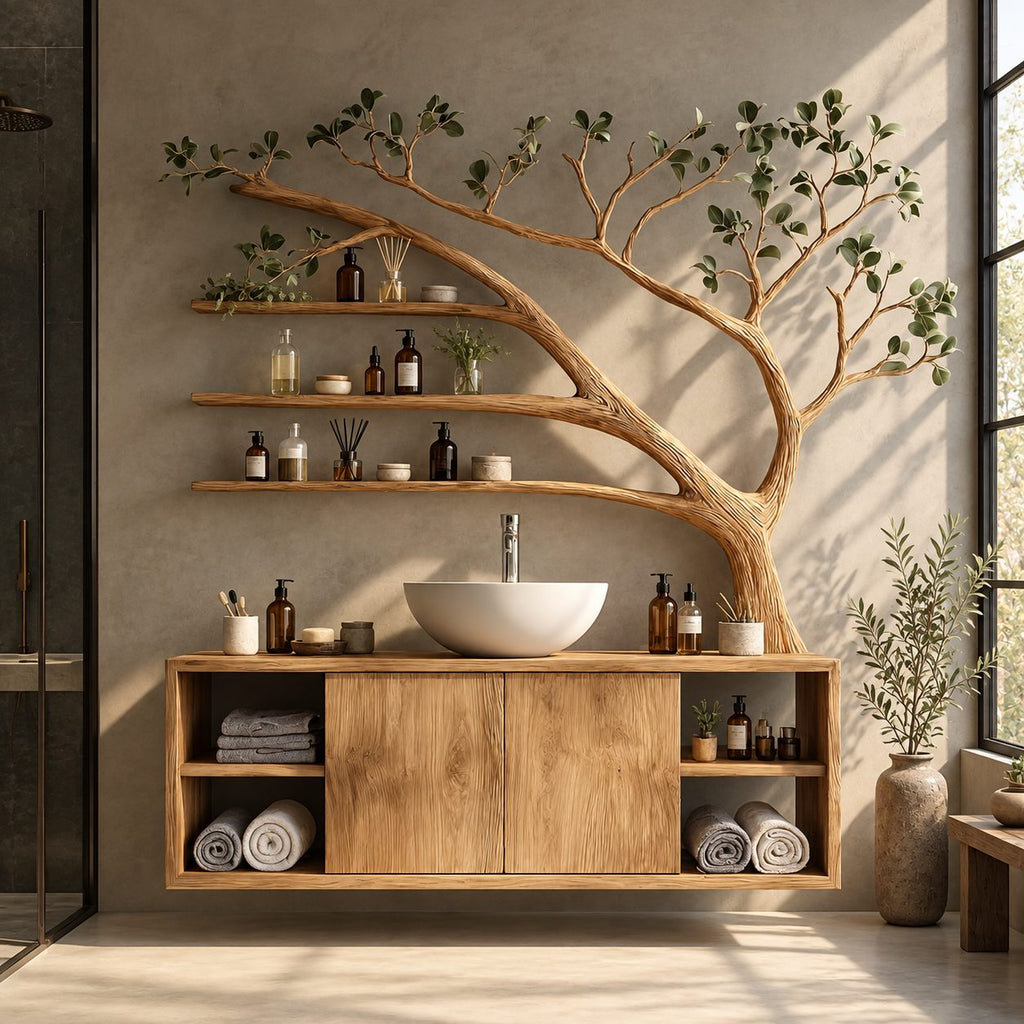 Open Cubby Tree Bathroom Vanity 70 Inch, Floating Cabinet with Center Doors Under an Arching Grooved Branch
