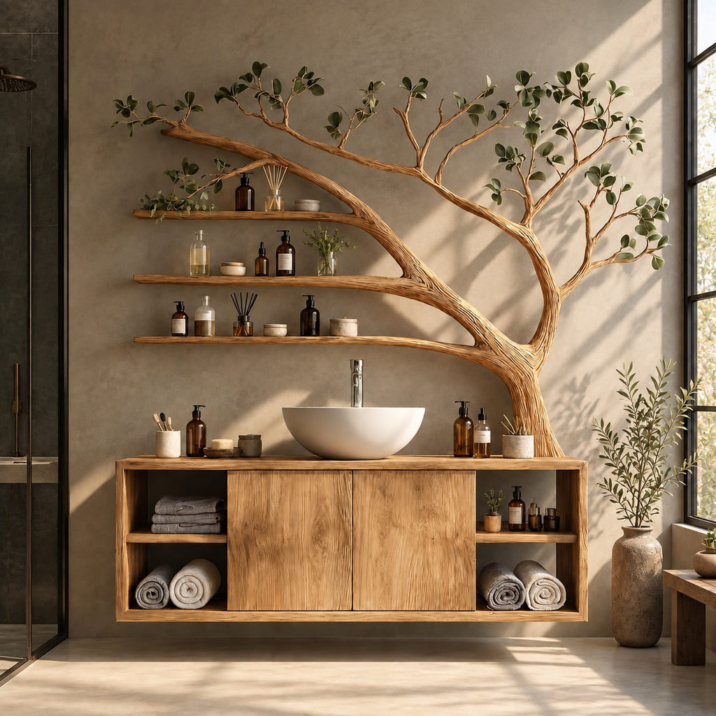 Open Cubby Tree Bathroom Vanity 70 Inch, Floating Cabinet with Center Doors Under an Arching Grooved Branch