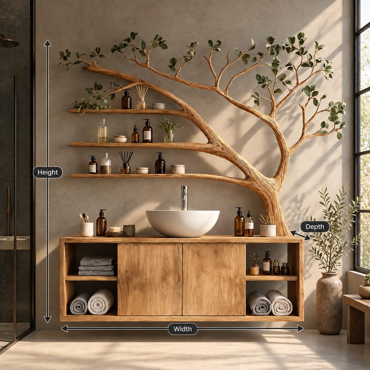 Open Cubby Tree Bathroom Vanity 70 Inch, Floating Cabinet with Center Doors Under an Arching Grooved Branch