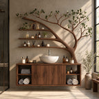 Open Cubby Tree Bathroom Vanity 70 Inch, Floating Cabinet with Center Doors Under an Arching Grooved Branch