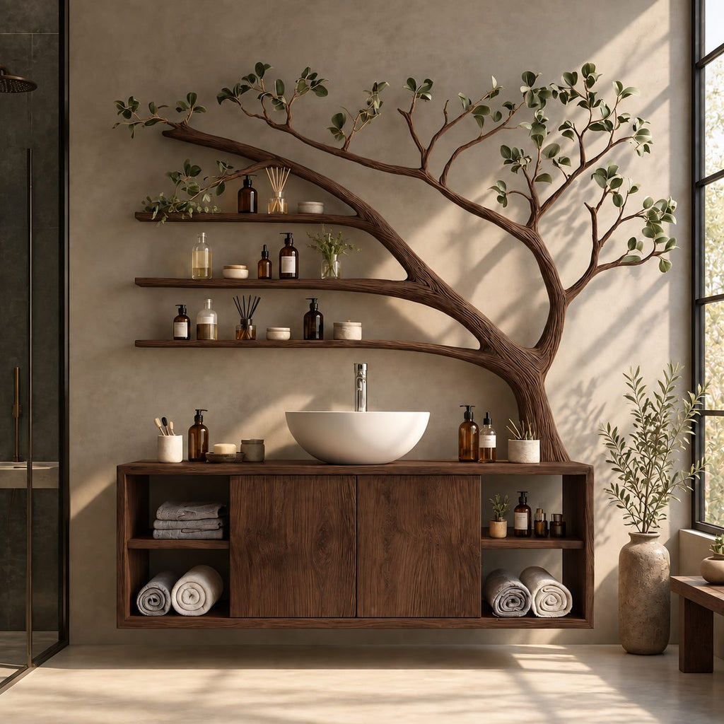 Open Cubby Tree Bathroom Vanity 70 Inch, Floating Cabinet with Center Doors Under an Arching Grooved Branch