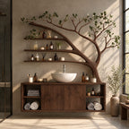 Open Cubby Tree Bathroom Vanity 70 Inch, Floating Cabinet with Center Doors Under an Arching Grooved Branch
