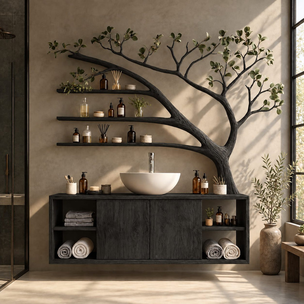 Open Cubby Tree Bathroom Vanity 70 Inch, Floating Cabinet with Center Doors Under an Arching Grooved Branch