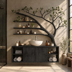 Open Cubby Tree Bathroom Vanity 70 Inch, Floating Cabinet with Center Doors Under an Arching Grooved Branch