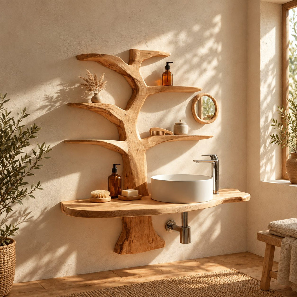 Forked Trunk Tree Bathroom Vanity 60 Inch, Wall Mounted Live Edge Countertop with Four Branch Shelves