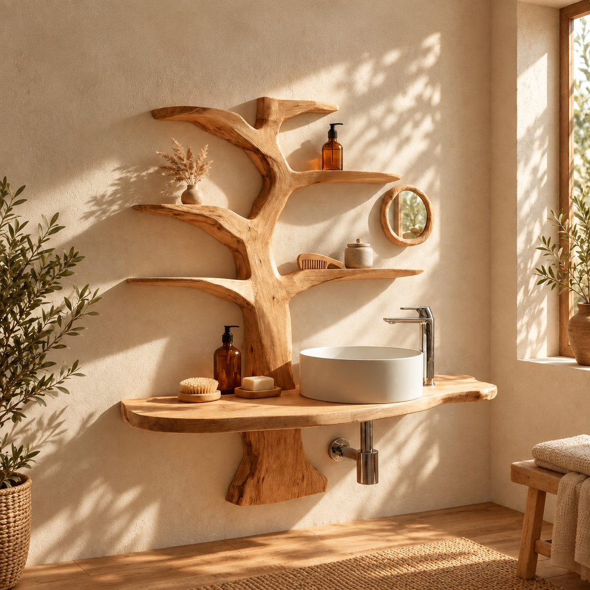 Forked Trunk Tree Bathroom Vanity 60 Inch, Wall Mounted Live Edge Countertop with Four Branch Shelves