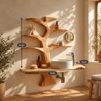 Forked Trunk Tree Bathroom Vanity 60 Inch, Wall Mounted Live Edge Countertop with Four Branch Shelves