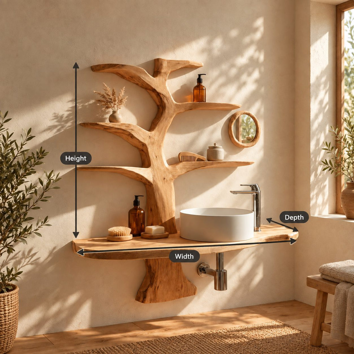 Forked Trunk Tree Bathroom Vanity 60 Inch, Wall Mounted Live Edge Countertop with Four Branch Shelves
