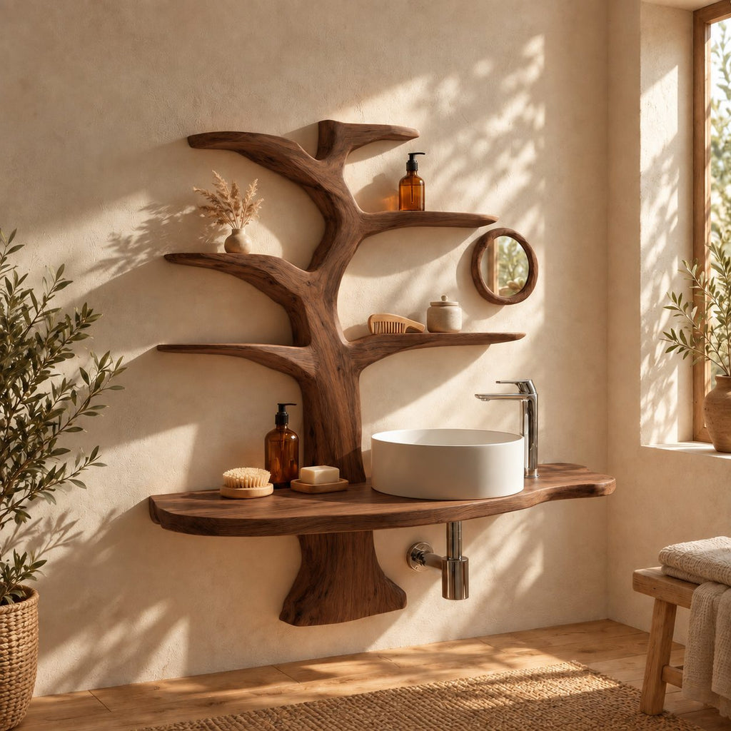 Forked Trunk Tree Bathroom Vanity 60 Inch, Wall Mounted Live Edge Countertop with Four Branch Shelves