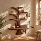 Forked Trunk Tree Bathroom Vanity 60 Inch, Wall Mounted Live Edge Countertop with Four Branch Shelves