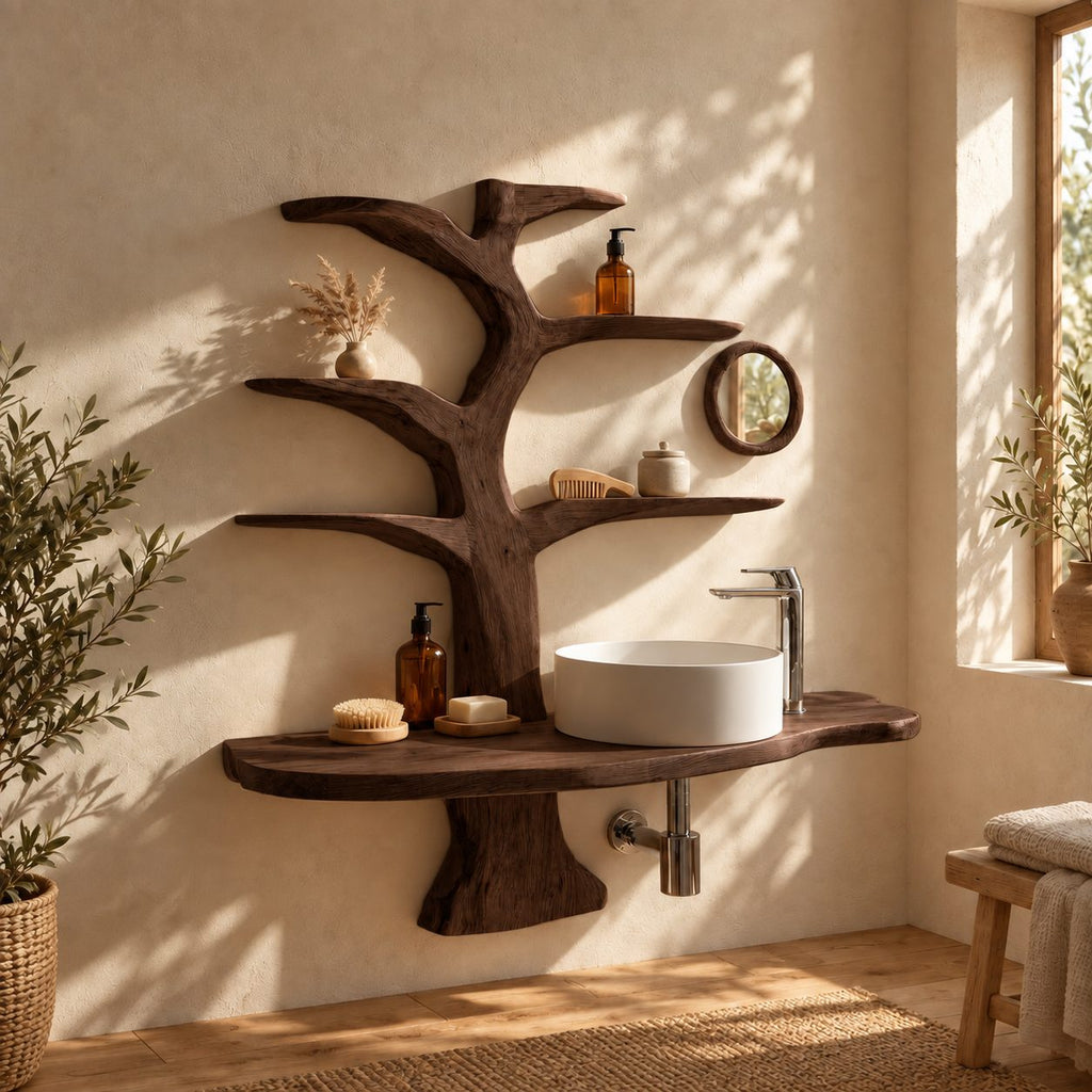 Forked Trunk Tree Bathroom Vanity 60 Inch, Wall Mounted Live Edge Countertop with Four Branch Shelves