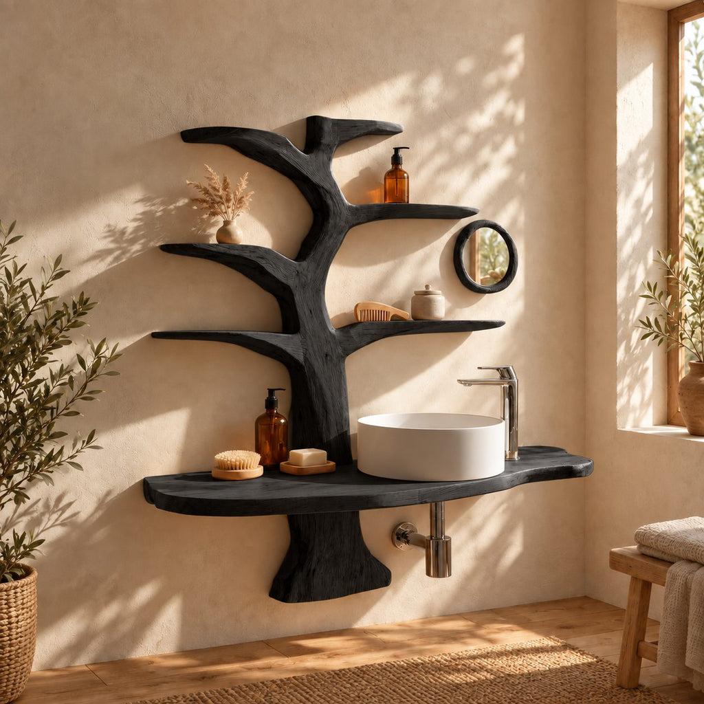Forked Trunk Tree Bathroom Vanity 60 Inch, Wall Mounted Live Edge Countertop with Four Branch Shelves