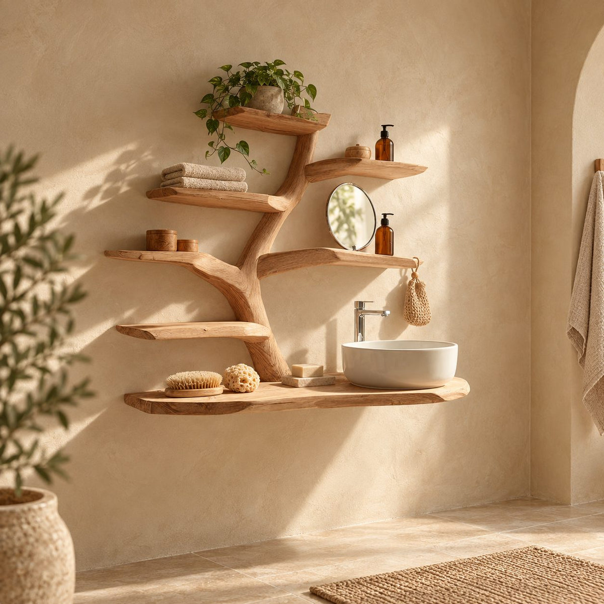 Six Tier Tree Bathroom Vanity 60 Inch, Thin Live Edge Floating Countertop with Thick Branch Shelves