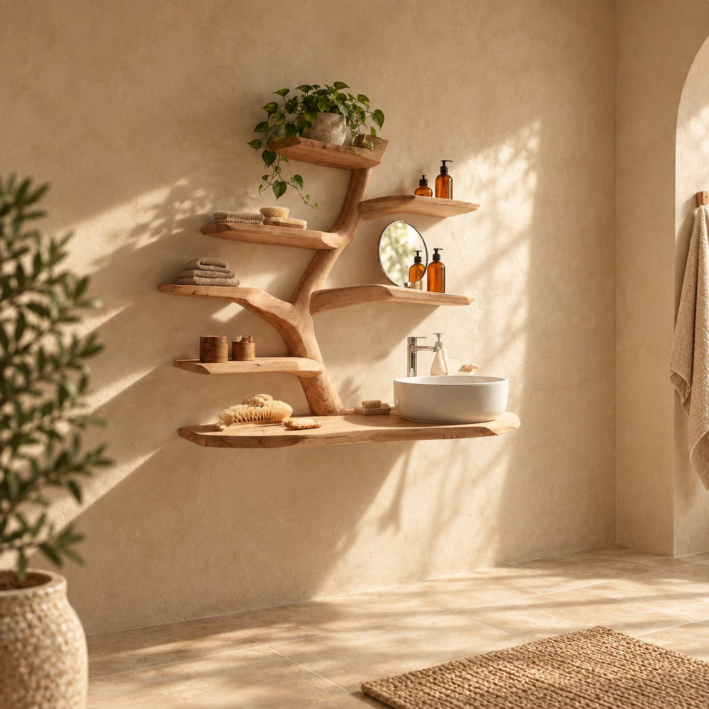 Six Tier Tree Bathroom Vanity 60 Inch, Thin Live Edge Floating Countertop with Thick Branch Shelves