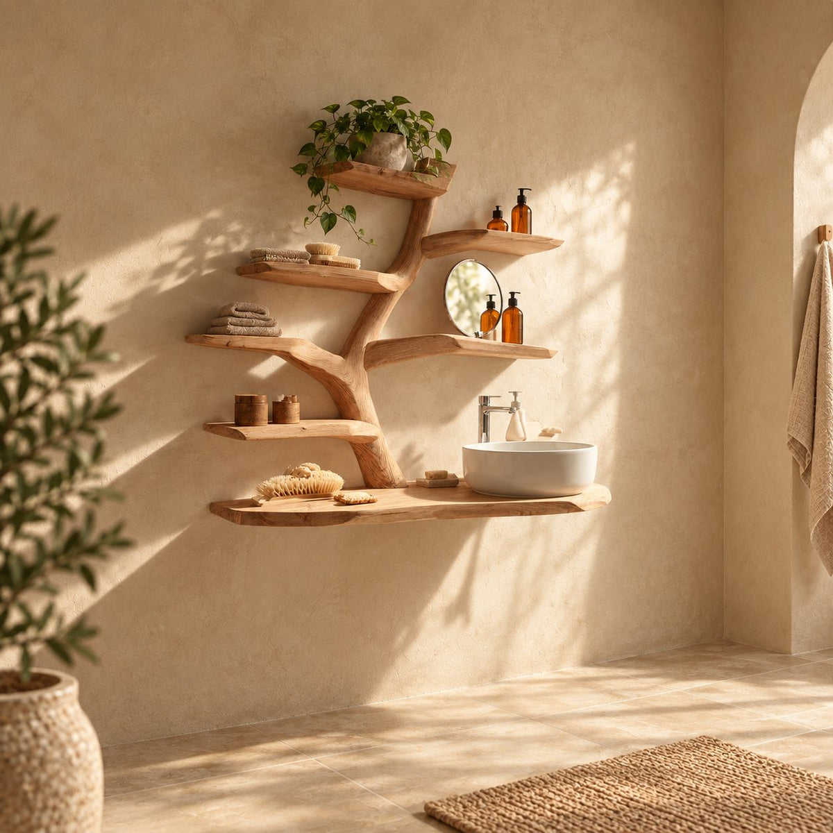Six Tier Tree Bathroom Vanity 60 Inch, Thin Live Edge Floating Countertop with Thick Branch Shelves