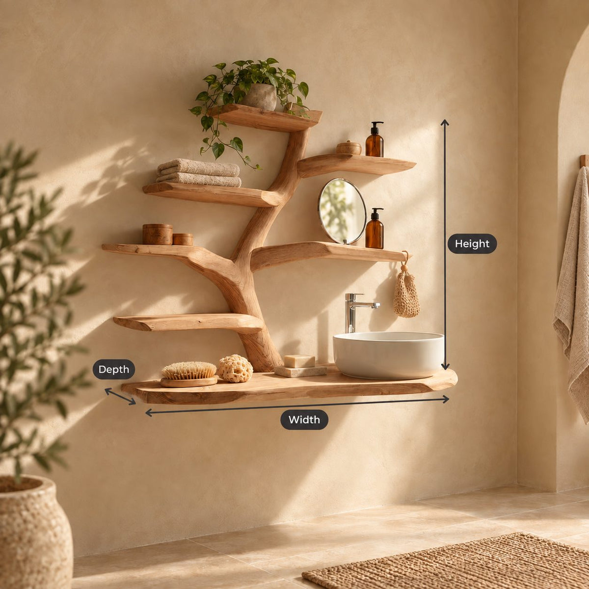 Six Tier Tree Bathroom Vanity 60 Inch, Thin Live Edge Floating Countertop with Thick Branch Shelves